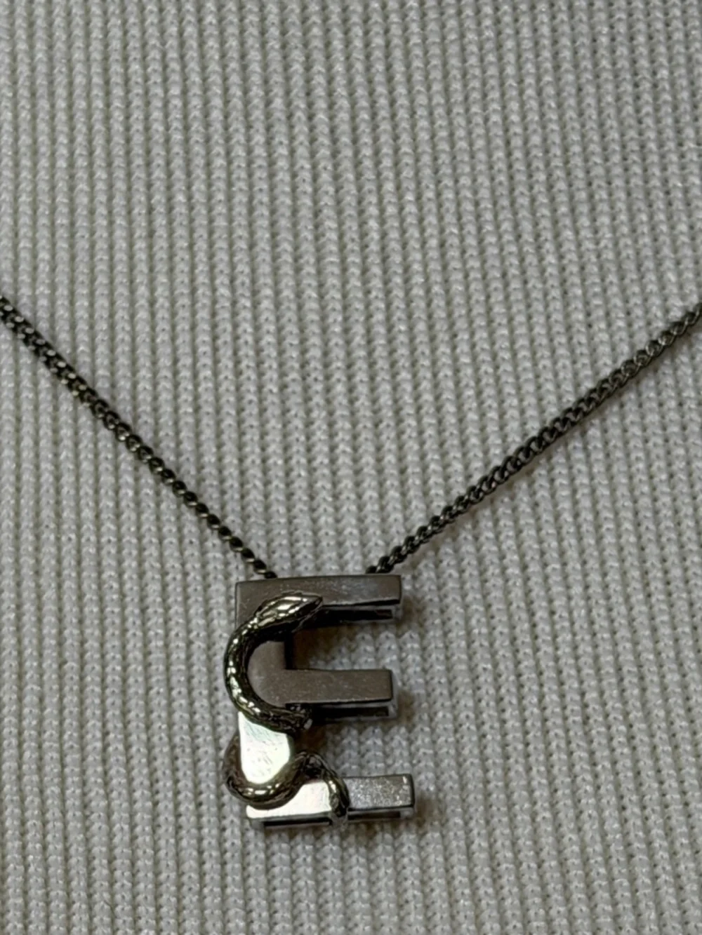 Saint Laurent YSL Sterling Silver E Initial Letter Snake Pendant Chain Necklace